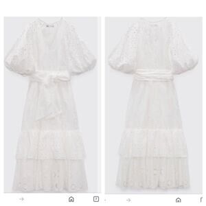 Zara Belted Embroidered Maxi Cotton Dress Oyster White Medium Tiered Puff Sleeve